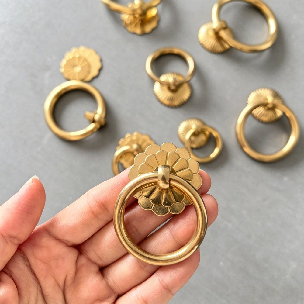 Brushed Brass Kitchen Cabinet Ring Pulls - Gold Drawer Dresser Handles