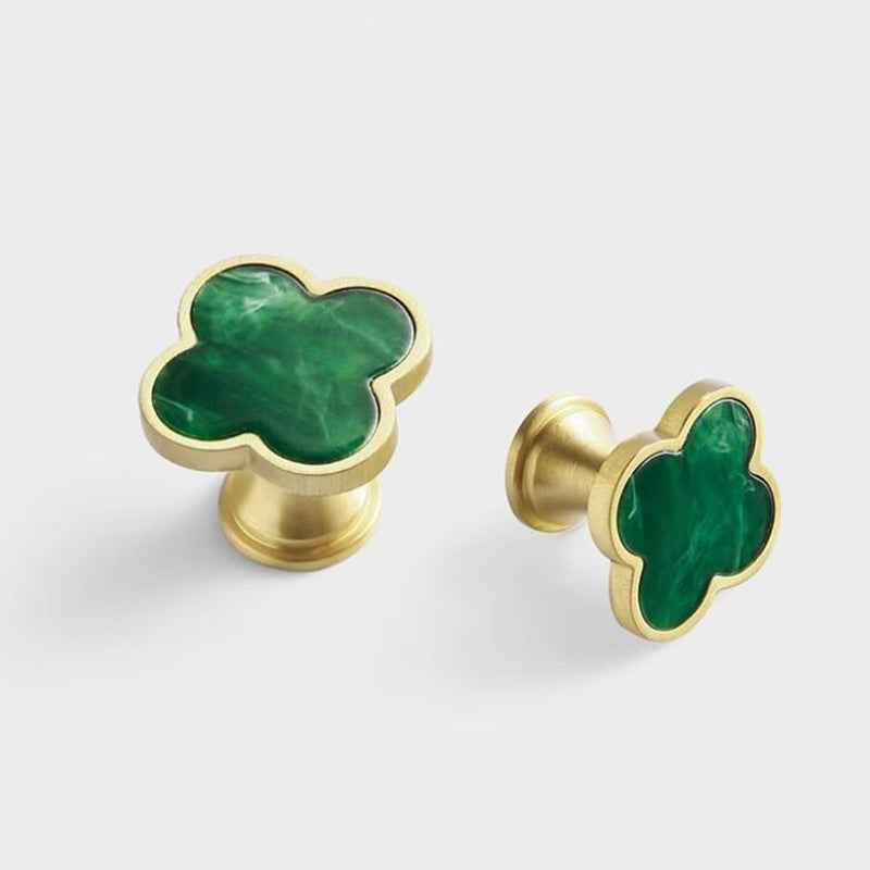 Decorative Brushed Brass Knobs for Kitchen Cabinet, Green Clovers Drawer Pulls, Modern Closet Handles - FocusHardware