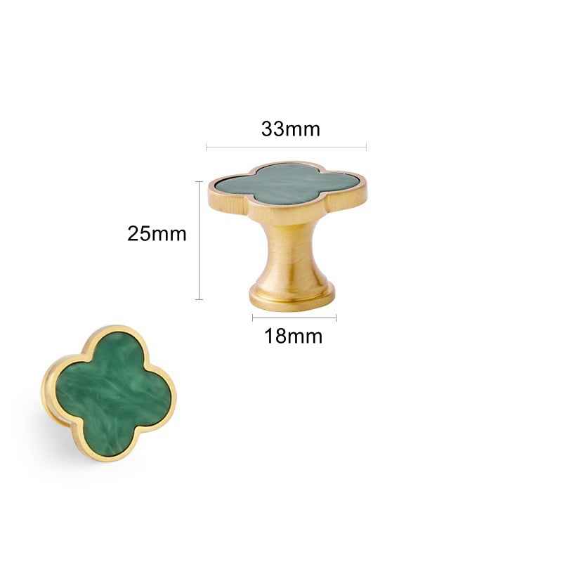 Decorative Brushed Brass Knobs for Kitchen Cabinet, Green Clovers Drawer Pulls, Modern Closet Handles - FocusHardware
