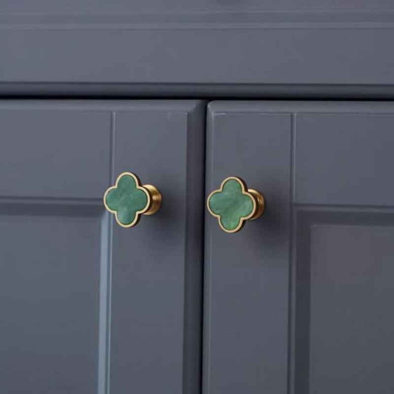 Decorative Brushed Brass Knobs for Kitchen Cabinet, Green Clovers Drawer Pulls, Modern Closet Handles - FocusHardware