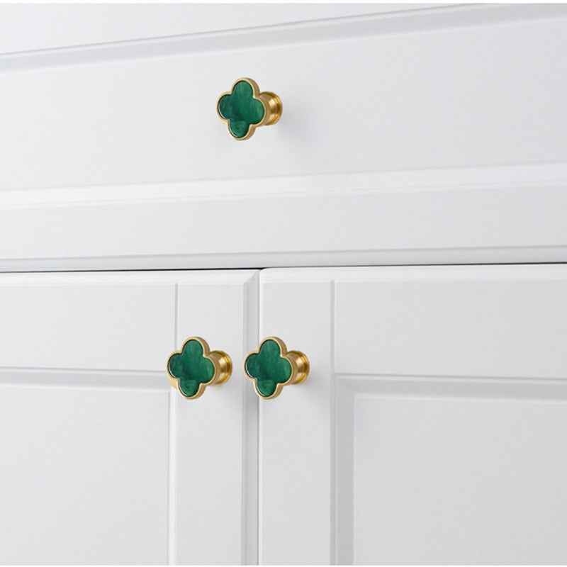 Decorative Brushed Brass Knobs for Kitchen Cabinet, Green Clovers Drawer Pulls, Modern Closet Handles - FocusHardware