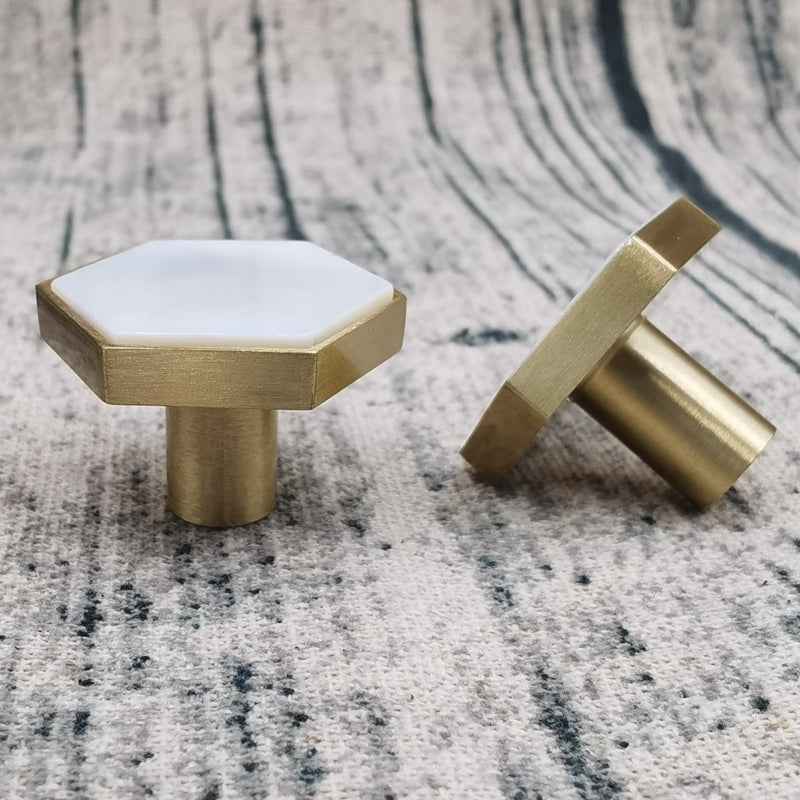 Decorative Brass Cabinet Knobs - Hexagon White Drawer Pulls for Kitchen, Dresser, Cupboard, and Wardrobe Handles - FocusHardware