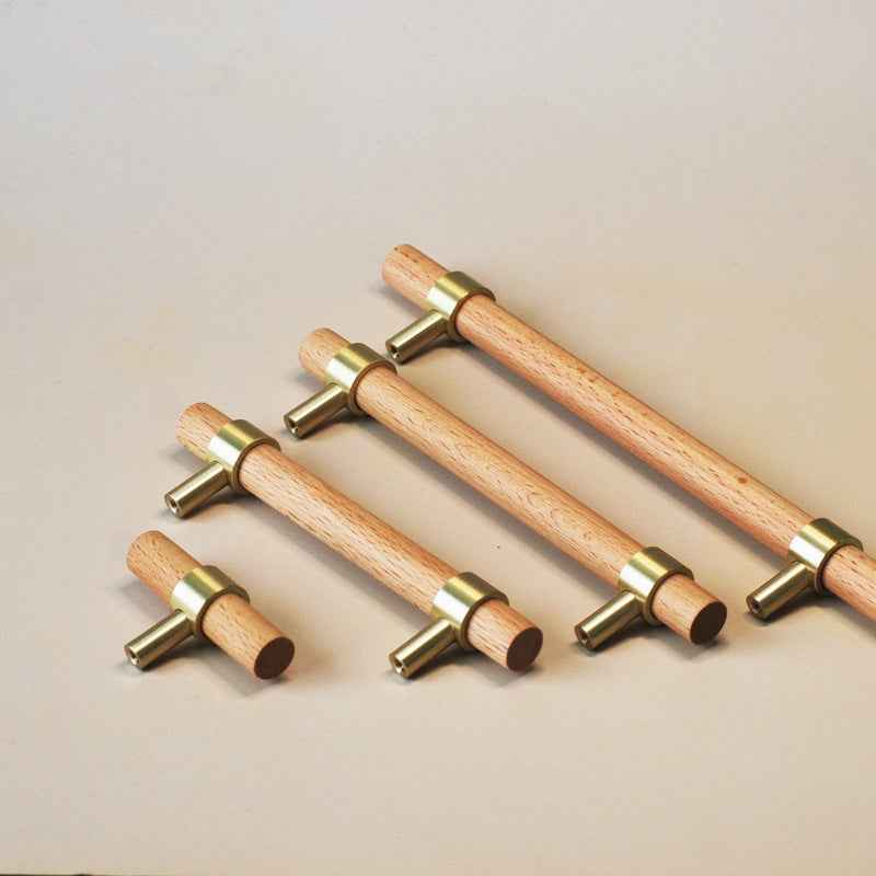 Wooden Beech Kitchen Cabinet Handles with Brass Drawer and Dresser Pulls for Cupboard Doors - FocusHardware