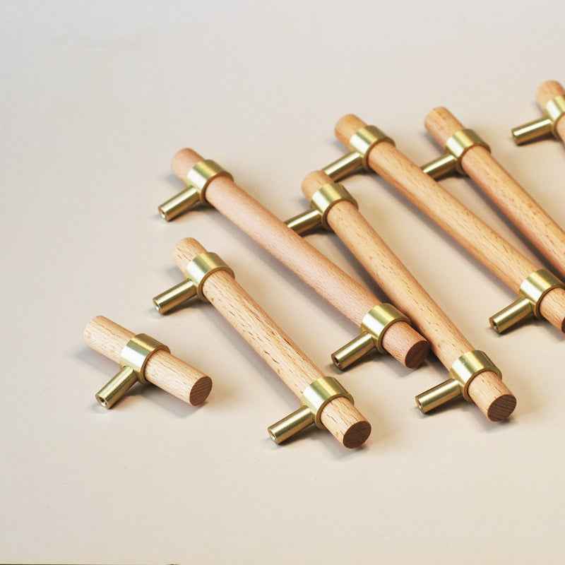 Wooden Beech Kitchen Cabinet Handles with Brass Drawer and Dresser Pulls for Cupboard Doors - FocusHardware