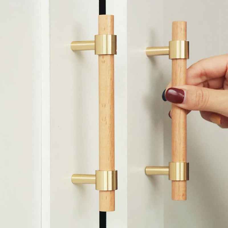 Wooden Beech Kitchen Cabinet Handles with Brass Drawer and Dresser Pulls for Cupboard Doors - FocusHardware
