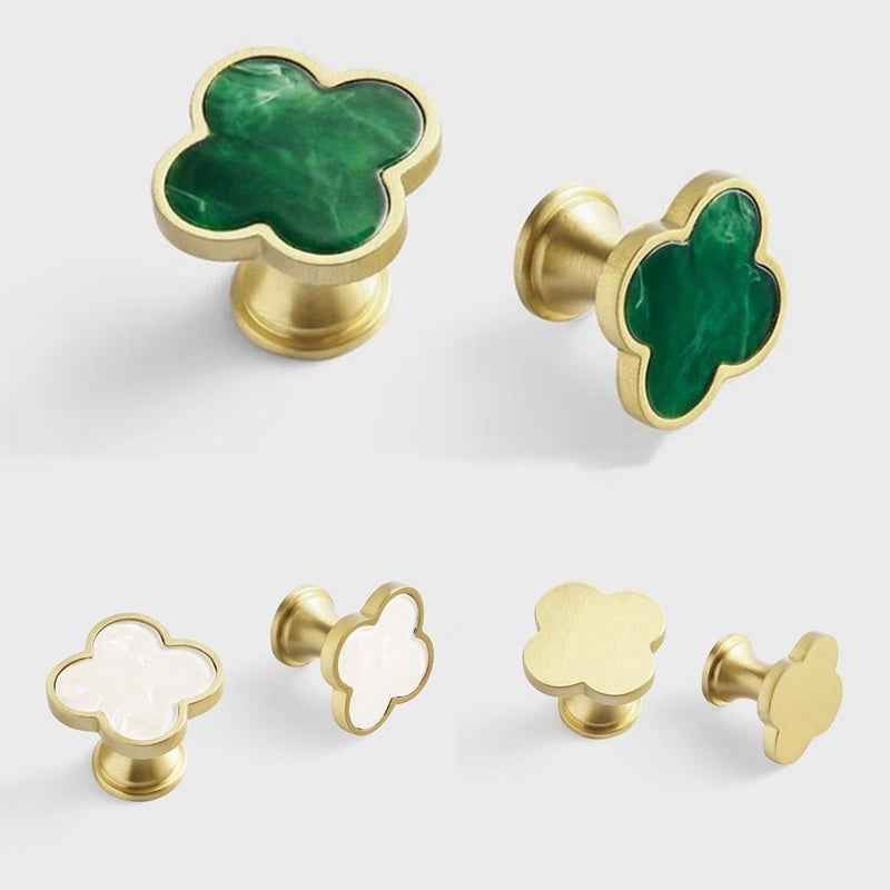 Brass Drawer Knobs - Decorative Solid Brass Kitchen Cabinet Knobs with Resin Clovers for Modern Dresser and Cupboard Pulls Handles - FocusHardware