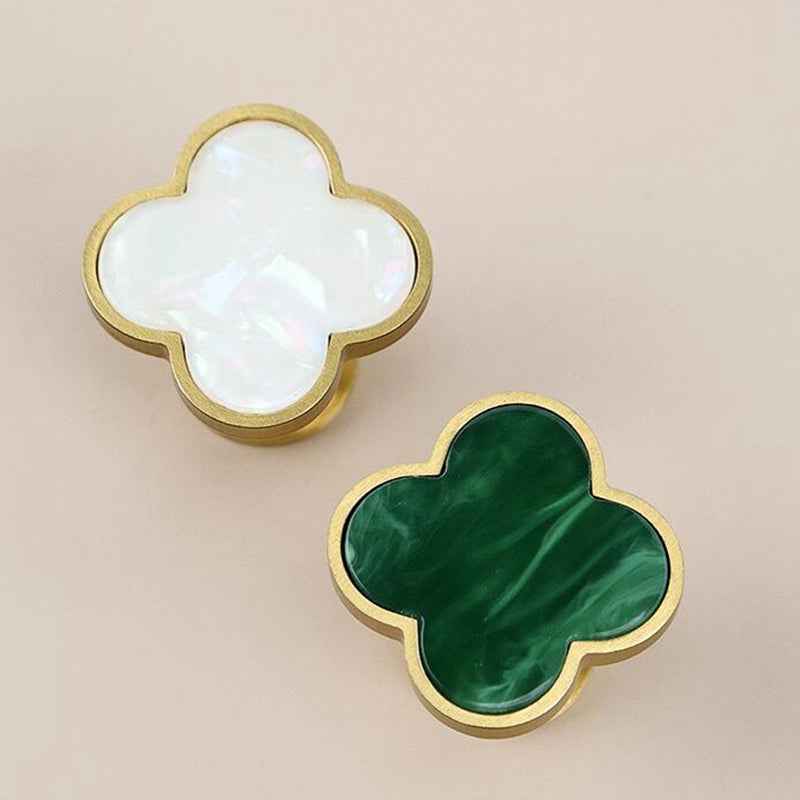 Brass Drawer Knobs - Decorative Solid Brass Kitchen Cabinet Knobs with Resin Clovers for Modern Dresser and Cupboard Pulls Handles - FocusHardware