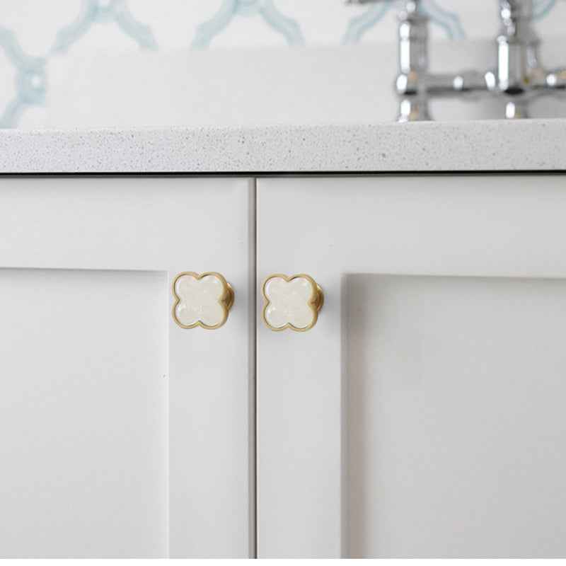 Brass Drawer Knobs - Decorative Solid Brass Kitchen Cabinet Knobs with Resin Clovers for Modern Dresser and Cupboard Pulls Handles - FocusHardware