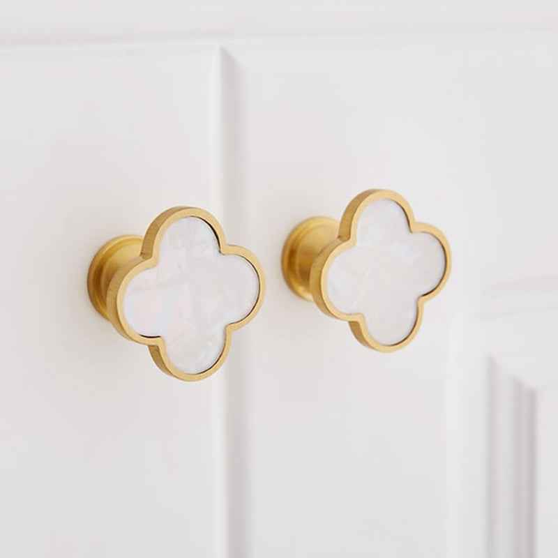 Brass Knobs for Kitchen Cabinets - Decorative White Clovers Drawer Dresser Pulls and Cupboard Handles - FocusHardware