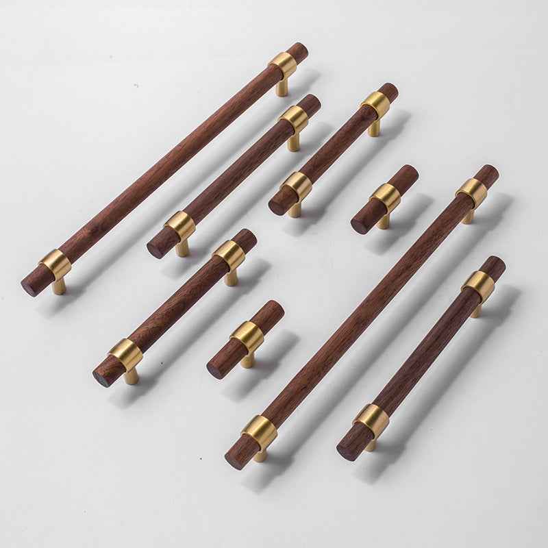 Wooden Cabinet Pulls - Walnut Drawer Dresser Cupboard Door Handles with Brass Finish - FocusHardware