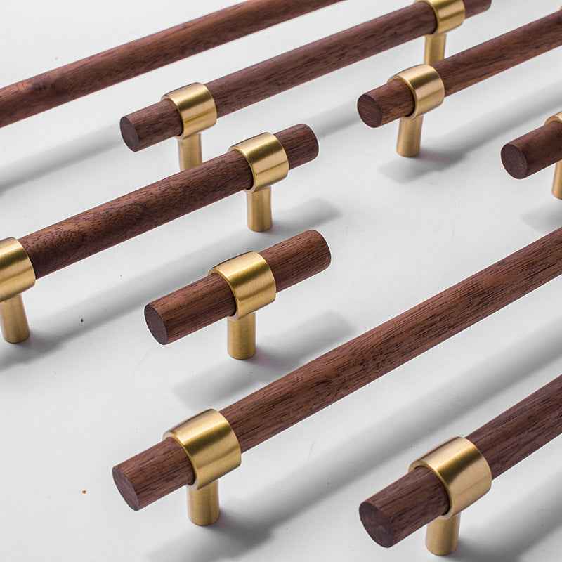 Wooden Cabinet Pulls - Walnut Drawer Dresser Cupboard Door Handles with Brass Finish - FocusHardware