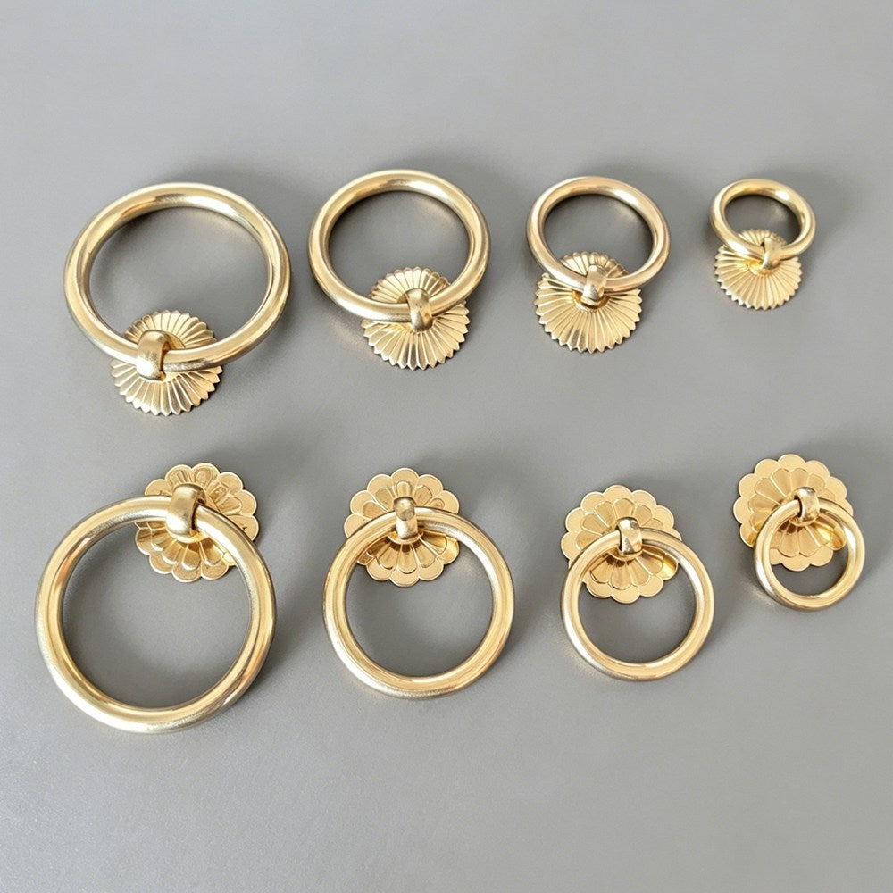 Brushed Brass Kitchen Cabinet Ring Pulls - Gold Drawer Dresser Handles