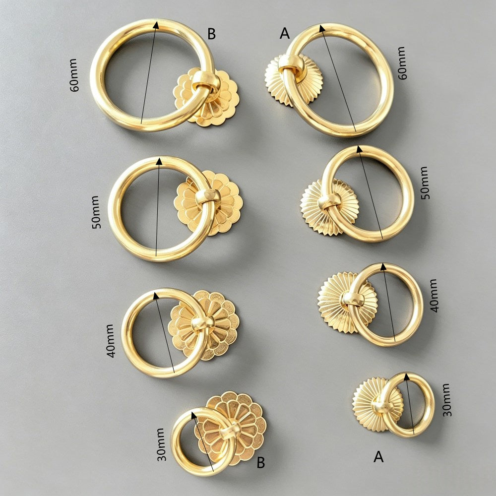 Brushed Brass Kitchen Cabinet Ring Pulls - Gold Drawer Dresser Handles