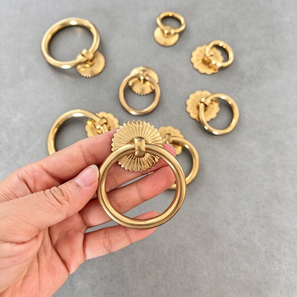 Brushed Brass Kitchen Cabinet Ring Pulls - Gold Drawer Dresser Handles