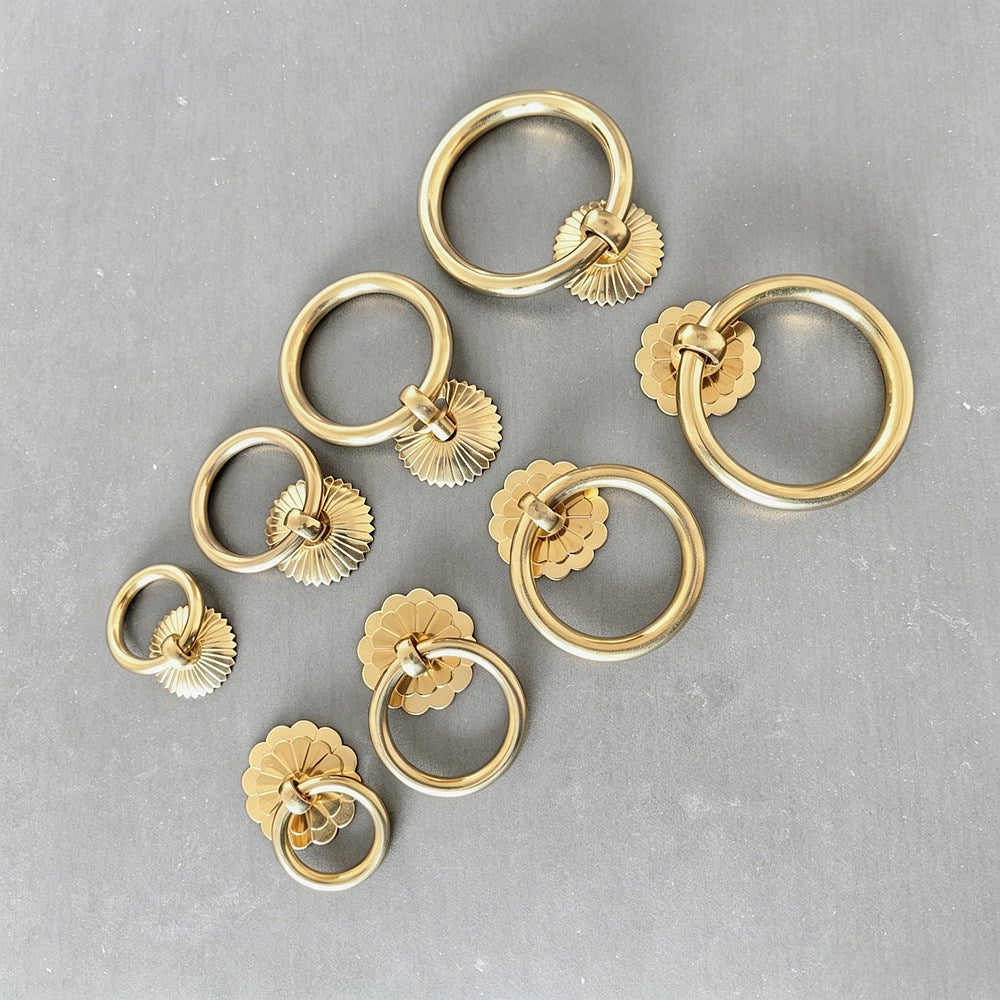 Brushed Brass Kitchen Cabinet Ring Pulls - Gold Drawer Dresser Handles