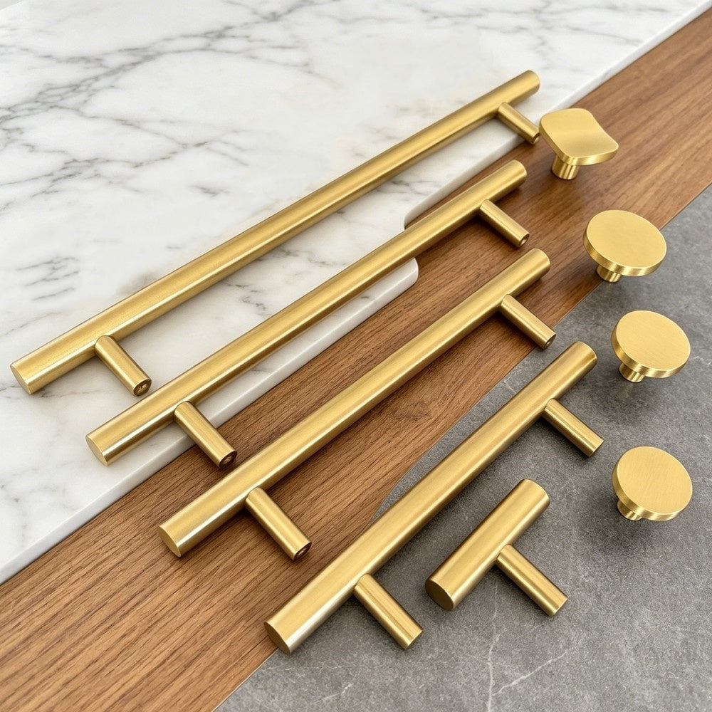 Brushed Brass Kitchen Cabinet Knobs & Pulls - Gold Cupboard Drawer Handles