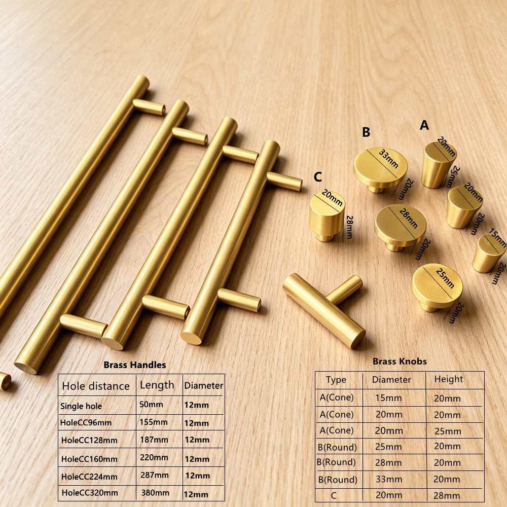 Satin Brass Kitchen Cabinet Handles - Modern Drawer Dresser Knobs Cupboard Pulls