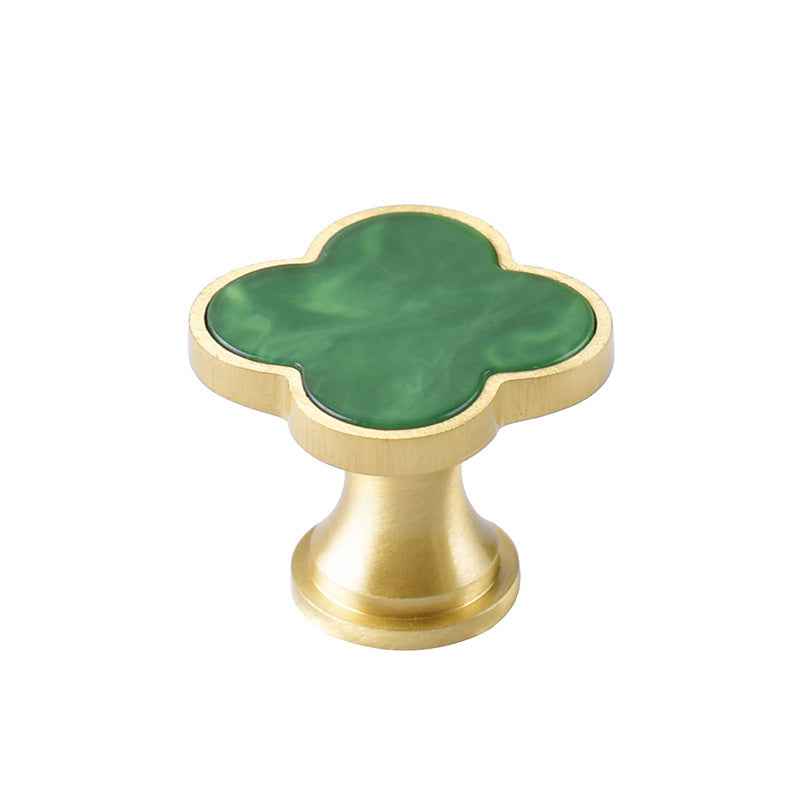 Decorative Brushed Brass Knobs for Kitchen Cabinet, Green Clovers Drawer Pulls, Modern Closet Handles - FocusHardware
