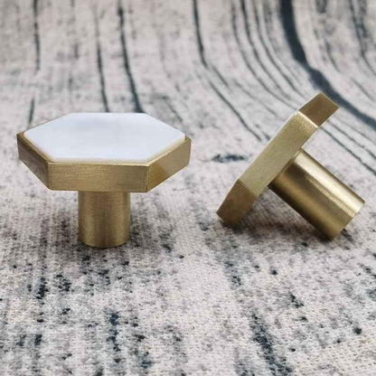 Decorative Brass Cabinet Knobs - Hexagon White Drawer Pulls for Kitchen, Dresser, Cupboard, and Wardrobe Handles - FocusHardware