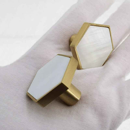 Decorative Brass Cabinet Knobs - Hexagon White Drawer Pulls for Kitchen, Dresser, Cupboard, and Wardrobe Handles - FocusHardware