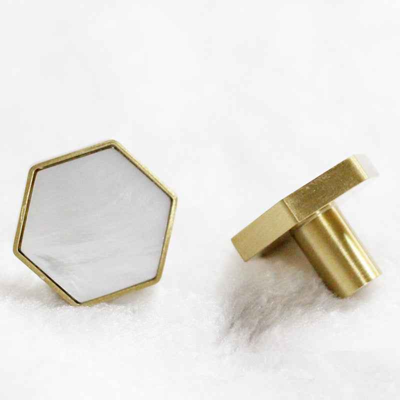 Decorative Brass Cabinet Knobs - Hexagon White Drawer Pulls for Kitchen, Dresser, Cupboard, and Wardrobe Handles - FocusHardware