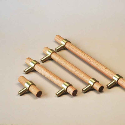 Wooden Beech Kitchen Cabinet Handles with Brass Drawer and Dresser Pulls for Cupboard Doors - FocusHardware