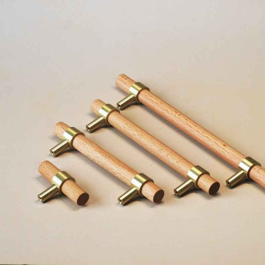 Wooden Beech Kitchen Cabinet Handles with Brass Drawer and Dresser Pulls for Cupboard Doors - FocusHardware