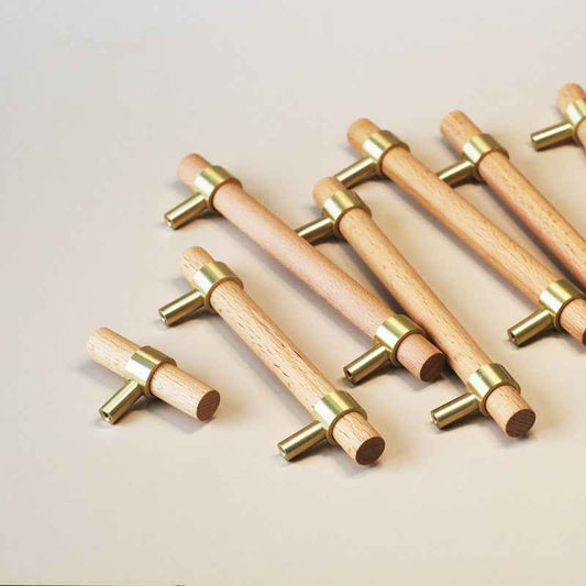 Wooden Beech Kitchen Cabinet Handles with Brass Drawer and Dresser Pulls for Cupboard Doors - FocusHardware