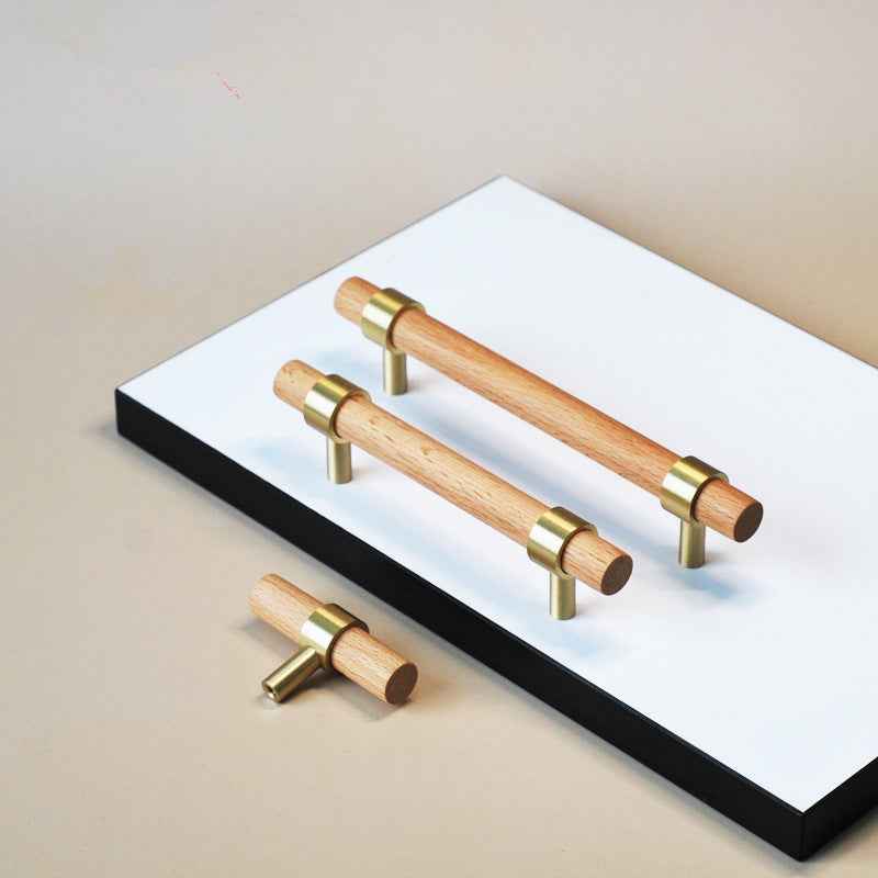 Wooden Beech Kitchen Cabinet Handles with Brass Drawer and Dresser Pulls for Cupboard Doors - FocusHardware