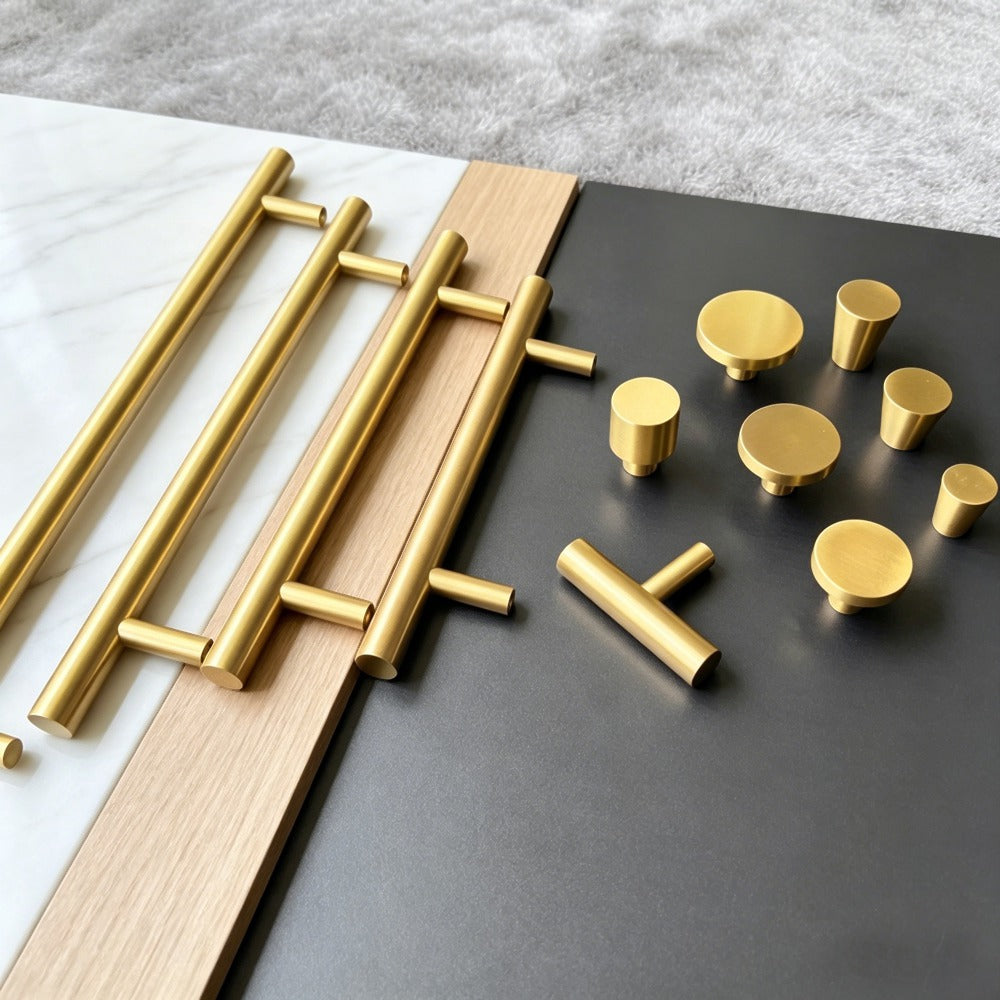 Solid Satin Brass Cabinet Knobs & Handles - Modern Gold Drawer Pulls