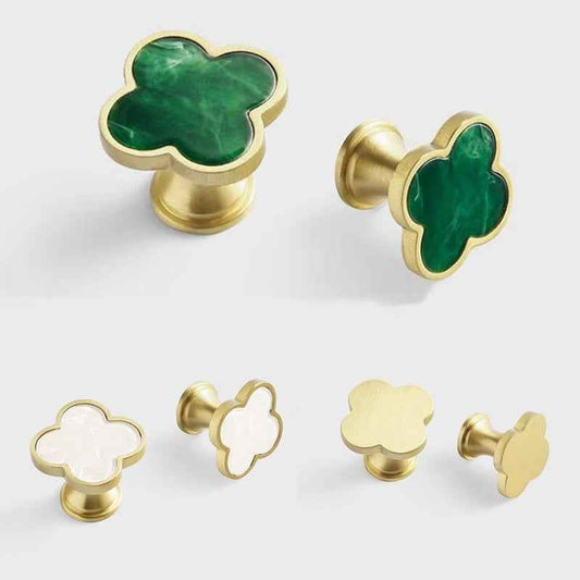 Brass Drawer Knobs - Decorative Solid Brass Kitchen Cabinet Knobs with Resin Clovers for Modern Dresser and Cupboard Pulls Handles - FocusHardware