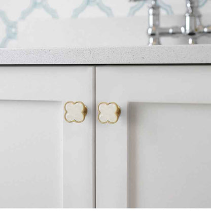 Brass Drawer Knobs - Decorative Solid Brass Kitchen Cabinet Knobs with Resin Clovers for Modern Dresser and Cupboard Pulls Handles - FocusHardware