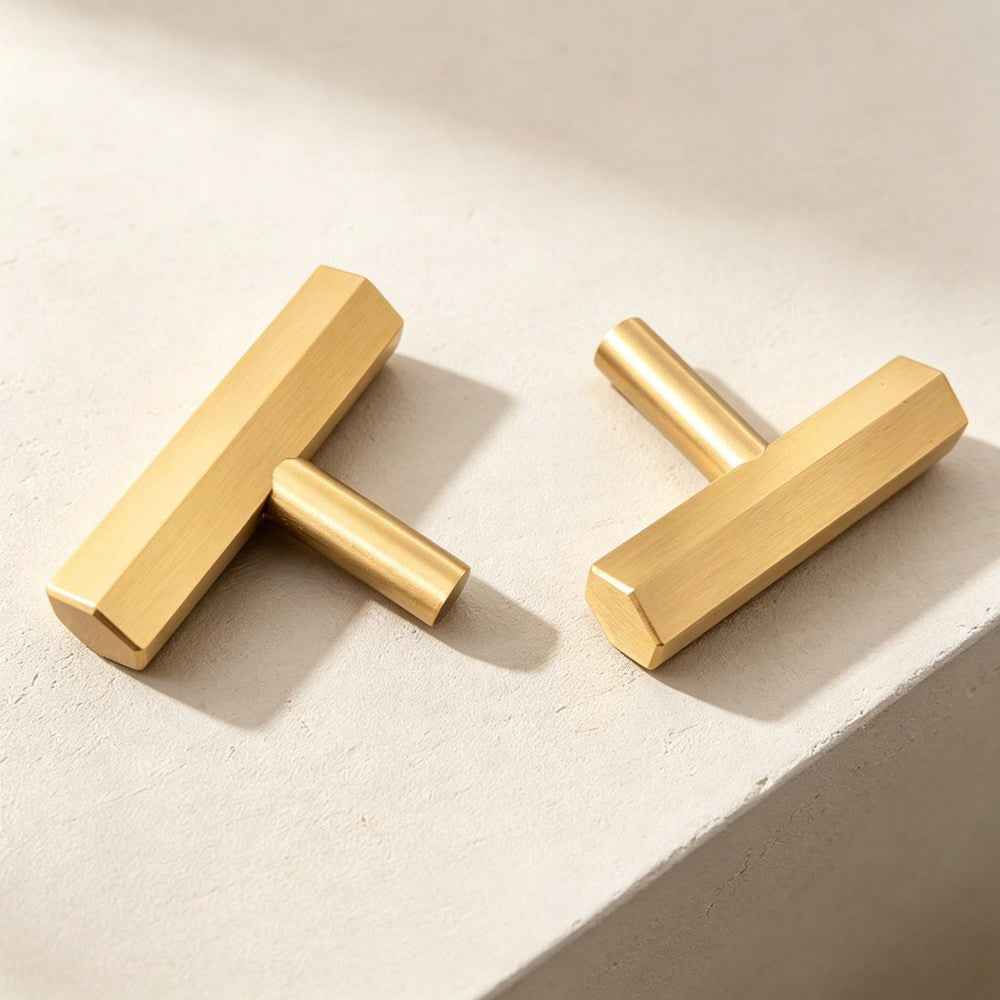 Solid Satin Brass Hexagon T-Bar Pulls - Modern Gold Cabinet Knobs