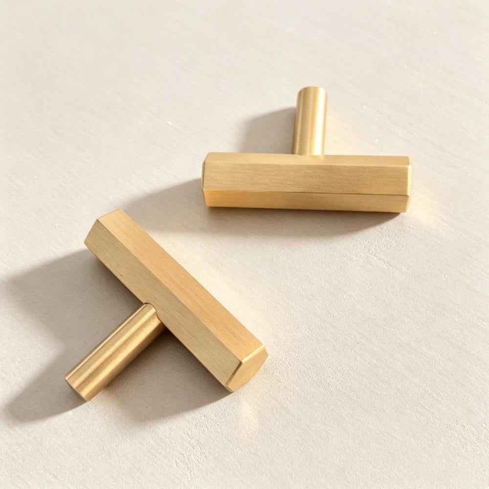Solid Satin Brass Hexagon T-Bar Pulls - Modern Gold Cabinet Knobs