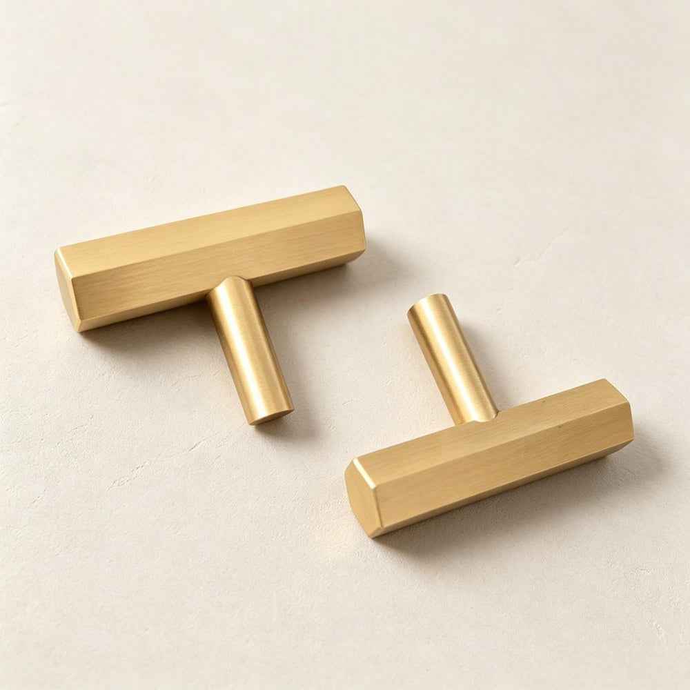 Solid Satin Brass Hexagon T-Bar Pulls - Modern Gold Cabinet Knobs
