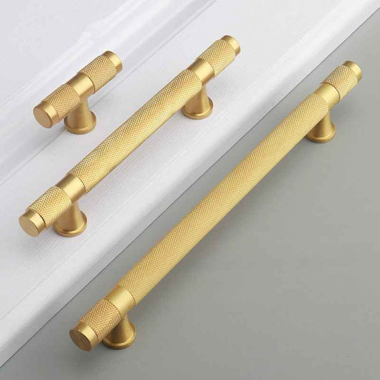 Modern Knurled Brass Kitchen Handles and Cabinet Knobs - Gold Drawer Dresser Pulls for Furniture and Cupboard Hardware - FocusHardware