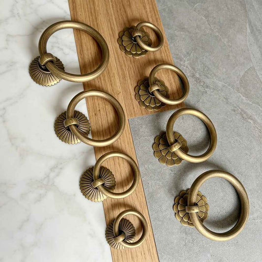 Solid Antique Brass Cabinet Ring Pulls - Vintage Drawer Drop Handles