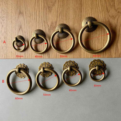 Solid Antique Brass Cabinet Ring Pulls - Vintage Drawer Drop Handles