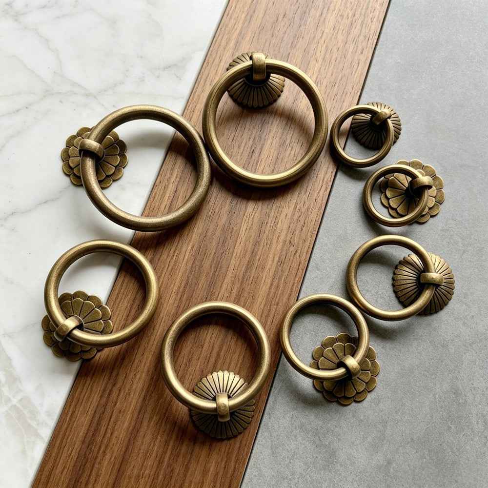 Solid Antique Brass Cabinet Ring Pulls - Vintage Drawer Drop Handles