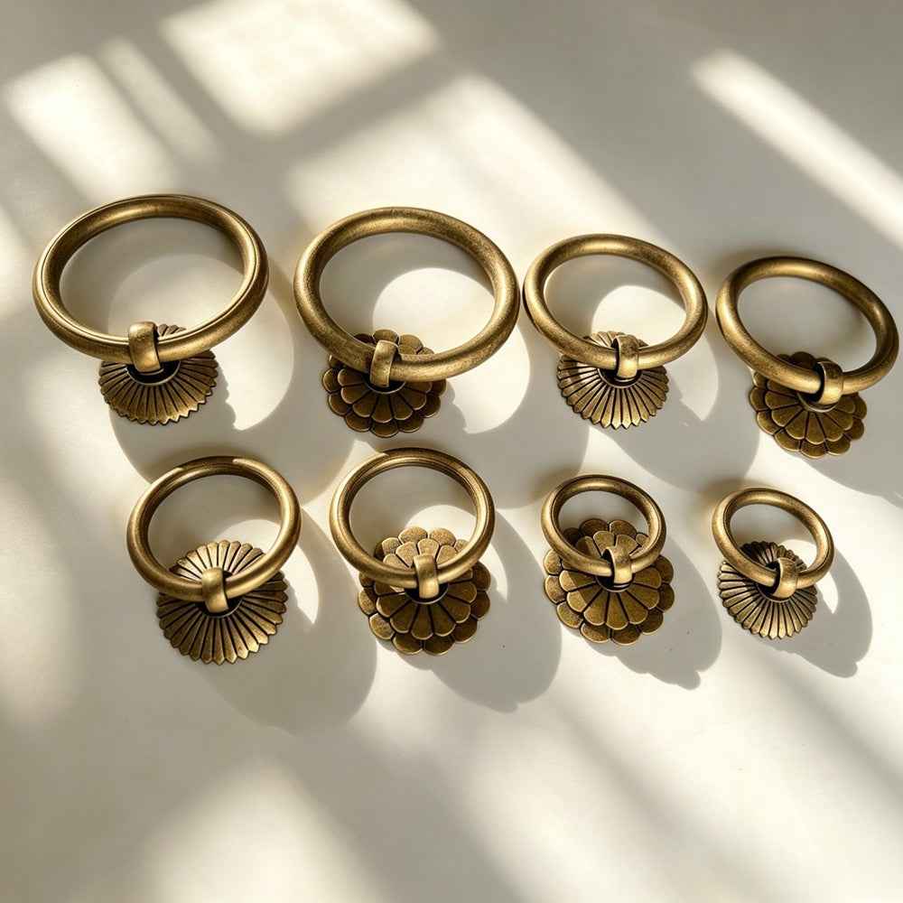 Solid Antique Brass Cabinet Ring Pulls - Vintage Drawer Drop Handles