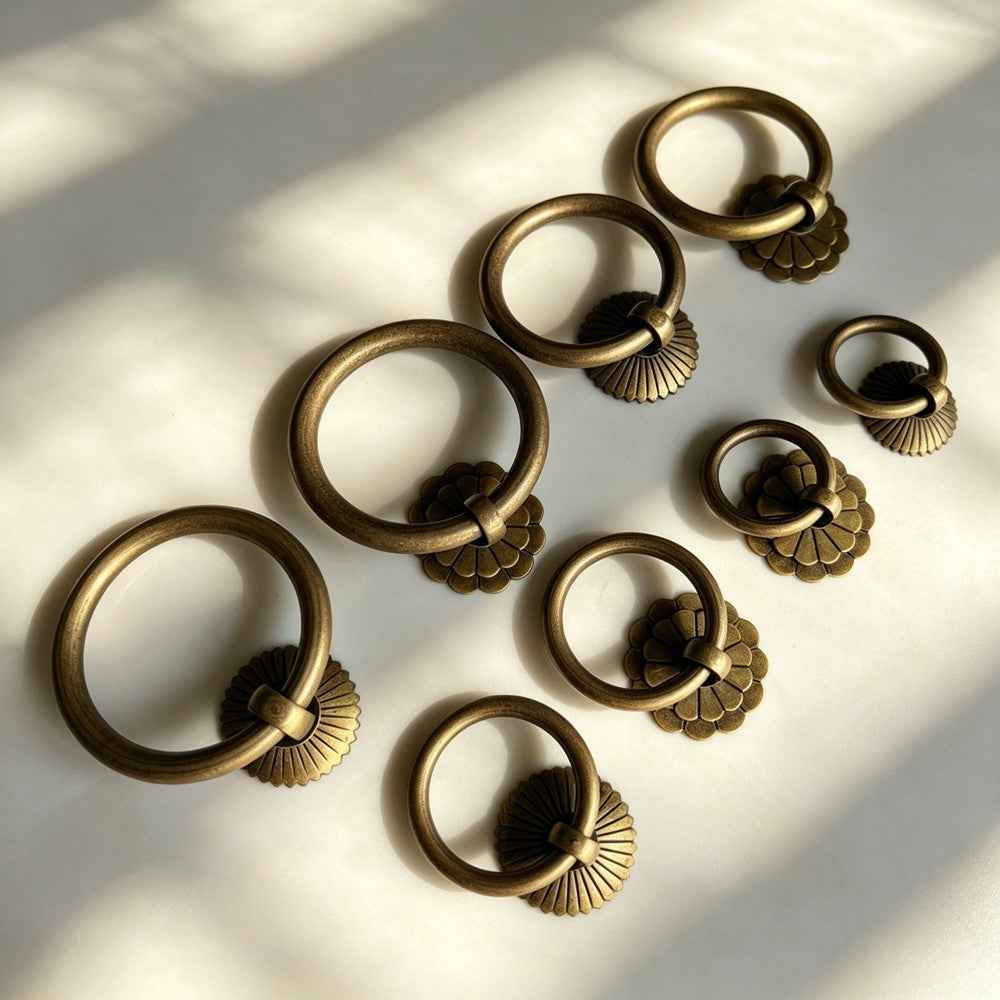 Solid Antique Brass Cabinet Ring Pulls - Vintage Drawer Drop Handles