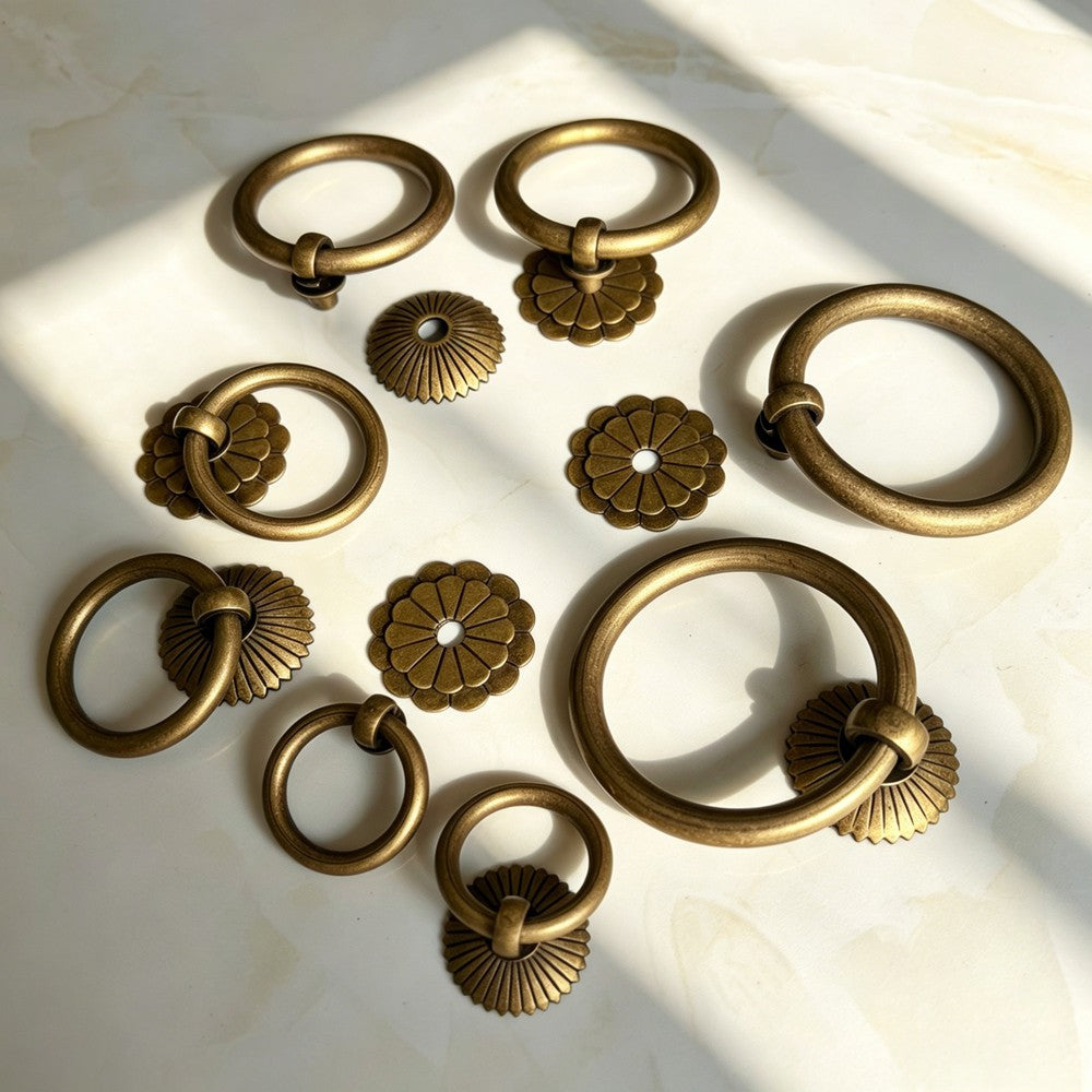 Vintage Brass Kitchen Cabinet Ring Pulls - Antique Drawer Knobs Cupboard Handles