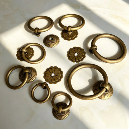 Vintage Brass Kitchen Cabinet Ring Pulls - Antique Drawer Knobs Cupboard Handles