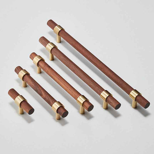 Wooden Cabinet Pulls - Walnut Drawer Dresser Cupboard Door Handles with Brass Finish - FocusHardware