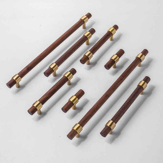 Wooden Cabinet Pulls - Walnut Drawer Dresser Cupboard Door Handles with Brass Finish - FocusHardware